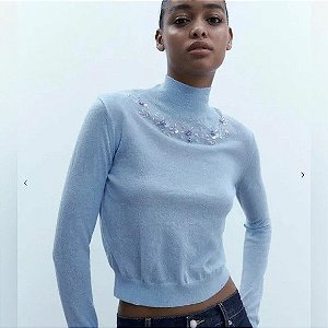 Blusa Zara Azul Em Lã Com Bordados