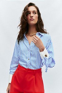 Camisa Zara Azul E Branco Com Laços No Punho
