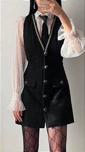 Vestido Zara Preto Modelo Salopete Em Tweed