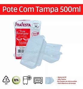 Pote Retangular 500ML com Tampa Prafesta