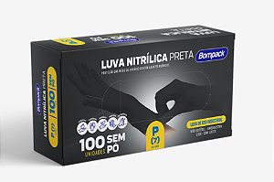 Luva Nitrílica Bompack Preta tam. P/M/G/GG 100UN