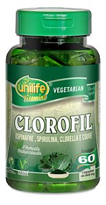 Clorofil (Espinafre, Spirulina, Clorella e Couve) 60 Cápsulas 500mg Unilife