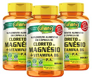 Cloreto de Magnésio P. A. com Vitamina B6 - Kit com 3 - Unilife - 360 Cápsulas