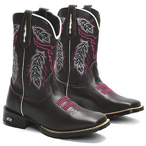 BOTA COUNTRY FEMININA BICO QUADRADA TEXANA CANO LONGO COURO MARROM BOI ROSA