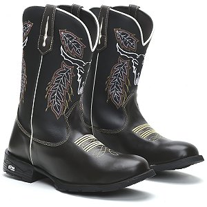 BOTA TEXANA COUNTRY MASCULINA BICO REDONDO COURO PRETO CARA DO BOI