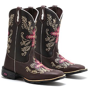 BOTA TEXANA COUNTRY FEMININA MARROM RAMOS QUADRADA COURO