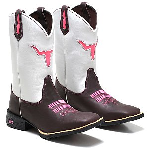 BOTA TEXANA COUNTRY FEMININA COURO QUADRADA MARROM BRANCO BOI ROSA