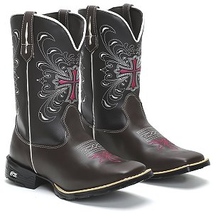 BOTA TEXANA COUNTRY FEMININA COURO MARROM CRUZ ROSA QUADRADO