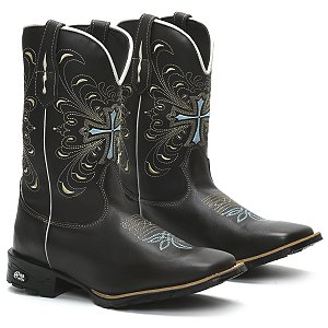 BOTA TEXANA COUNTRY FEMININA BICO QUADRADO COURO MARROM CRUZ AZUL