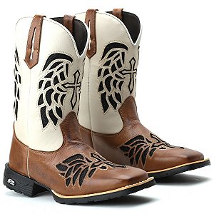 BOTA TEXANA COUNTRY FEMININA BICO QUADRADO COURO MARROM PENAS