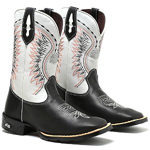 BOTA TEXANA COUNTRY MASCULINA BICO QUADRADO COURO PRETO COM BRANCO