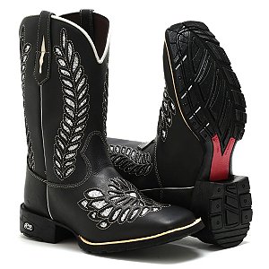 BOTA TEXANA COUNTRY FEMININA BORDADO LASER BICO QUADRADO PRETO