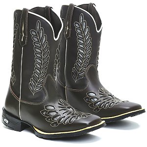 BOTA TEXANA COUNTRY FEMININA BICO QUADRADO COURO MARROM BORDADO LASER