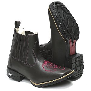 BOTINA TEXANA COUNTRY FEMININA MARROM CAVALO ROSA QUADRADA