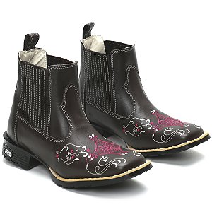 BOTINA TEXANA COUNTRY FEMININA MARROM BRANCO ROSA QUADRADA