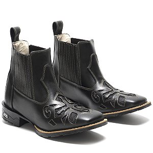 BOTINA TEXANA COUNTRY FEMININA PRETA LASER PRETO QUADRADA COURO LEGITIMO