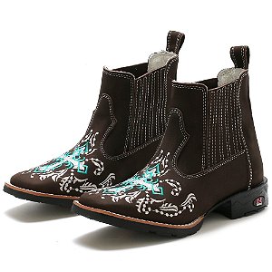 BOTINA TEXANA COUNTRY FEMININA MARROM CRUZ VERDE QUADRADA