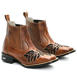 BOTINA TEXANA COUNTRY FEMININA MARROM CLARO LASER  QUADRADA COURO LEGITIMO
