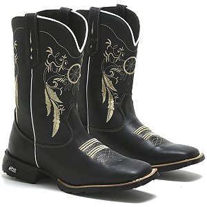 BOTA FEMININA  TEXANA BICO QUADRADO CANO ALTO PRETA PENA BEGE