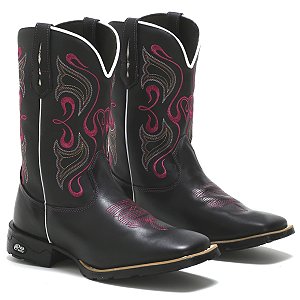 BOTA  FEMININA  TEXANA BICO QUADRADO CANO ALTO PRETA CORAÇAO ROSA