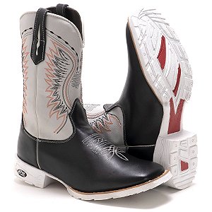 BOTA MASCULINA TEXANA BICO QUADRADO CANO ALTO PRETA BRANCO SOLADO BRANCO