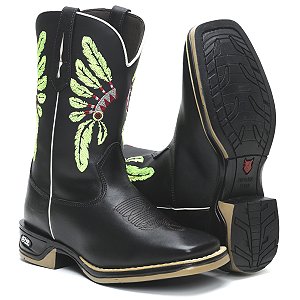 BOTINA TEXANA COUNTRY MASCULINA PRETA QUADRADA COURO BICO QUADRADO PRETO COCAR JUMP