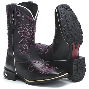 BOTA TEXANA COUNTRY FEMININA PRETA LASER ROSA QUADRADA CANO ALTO