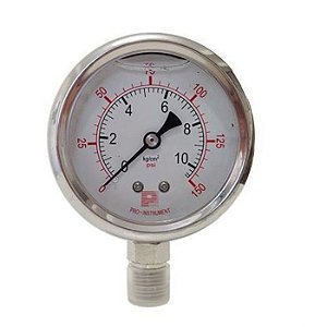 Manometro em aço inox 304 de 1 e 1/4" em linha com borda com conexão Inferior de 1/4" - 0 à 150 PSI ou 10 BAR/KGF
