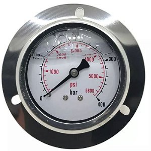 Manometro em aço inox 304 de 2 e 1/2" em painel com borda com conexão traseira de 1/4" - 0 à 300 PSI ou 20 BAR/KGF