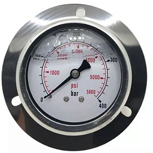 Manometro de 2 e 1/2" em aço inox 304 em painel com borda - conexão traseira de 1/4" - 0 à 300 PSI ou 20 BAR/KGF
