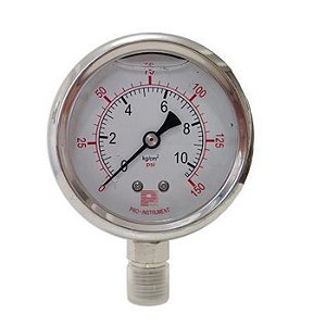 Manometro de 2 e 1/2" em aço inox 304 em linha - conexão Inferior de 1/4" - 0 à 200 PSI ou 13 BAR/KGF