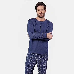 Pijama Cor Com Amor Manga Longa Calça Adulto Masculino C/ Punho Azul Jeans