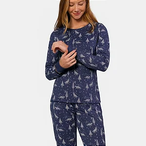 Pijama Cor Com Amor Manga Longa Calça Adulto Feminino Azul Jeans