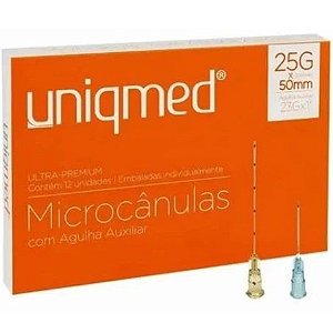 Microcânula 25Gx50mm Uniqmed com Agulha Auxiliar 23G - Caixa com 12 Unidades