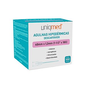 AGULHA HIPODERMICA 18G 1,2MM X40MM - CX/100 - UNIQMED