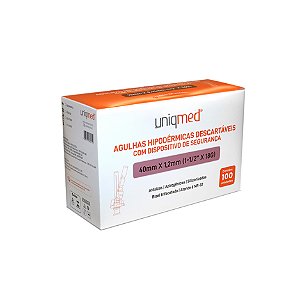 AGULHA HIPODERMICA 18G 1,2MM X40MM C/ DISP. SEGURANÇA - CX/100 - UNIQMED