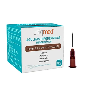 AGULHA HIPODERMICA 26G 13MM X 0,45MM - CX/100 - UNIQMED