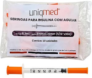 SERINGA INSULINA 0,3ML 8X0,30 5/16 30G C/AG - PCT/10 - UNIQMED