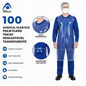 100 AVENTAL PLASTICO POLIETILENO 70X120 DESC. TRANSPARENTE