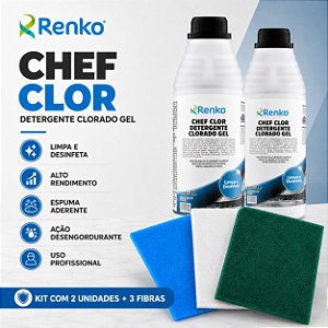 2 CHEF CLOR DETERGENTE DESINFETANTE CLORADO RENKO C/3 FIBRAS