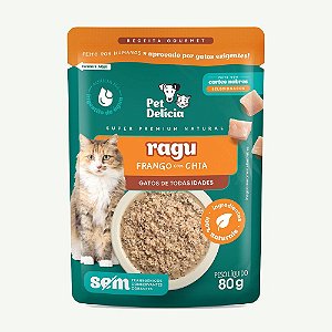 PET DELÍCIA RAÇÃO ÚMIDA RAGU FRANGO CHIA GATO 16X80G