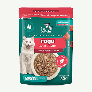 PET DELÍCIA RAÇÃO ÚMIDA RAGU CARNE CHIA GATO 16X80G