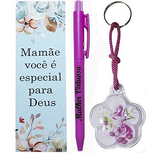 Kit 10 Lembrancinhas Evangélicas Dia Das Mães Marca Página Caneta e Chaveiro Gel