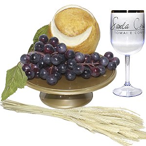 Kit Arranjo Santa Ceia Bandeja Pedestal 20cm Pão Italiano P Uva Taça 290ml e Trigo