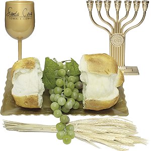 Kit Arranjo Santa Ceia Bandeja Retangular, Uva 24cm, Pão Partido, Candelabro e Trigo