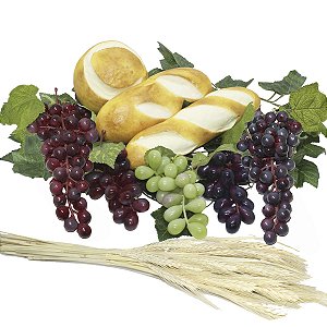 Kit Arranjo Santa Ceia 3 Pães Pequenos 2 Uvas 24cm 3 Uvas 14cm Folhagem E Trigo