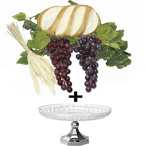 Kit Arranjo Santa Ceia Pão Banha Uvas 24cm Folhagem Bandeja Pedestal E Trigo