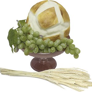 Kit Arranjo Santa Ceia Bandeja Luxo Degrade Pão Italiano M Uvas Trigo