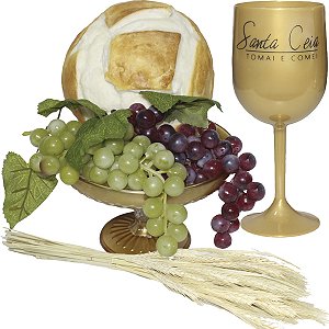 Kit Arranjo Santa Ceia Bandeja Luxo Degradê Pão Italiano M Uvas Taça 290ml Trigo