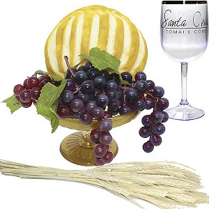 Kit Arranjo Santa Ceia Bandeja Luxo Degradê Pão Italiano M Uva Taça 290ml Trigo